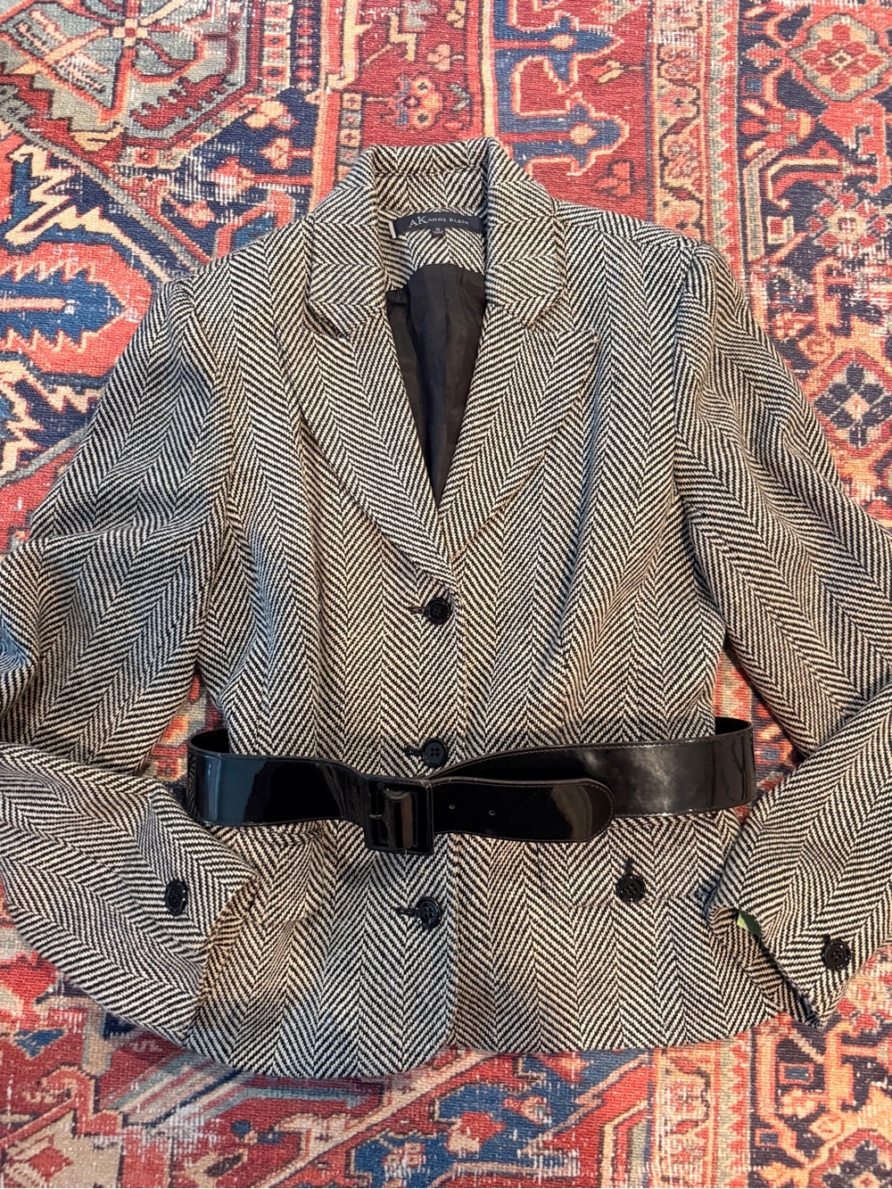 Anne Klein Black and White Herringbone Blazer with Glossy Black Belt